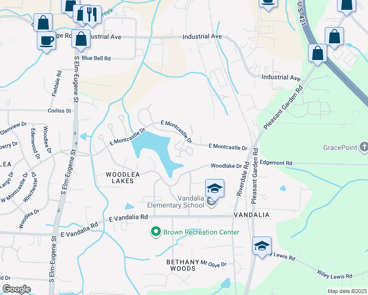 map of restaurants, bars, coffee shops, grocery stores, and more near 1 Grassy Knoll Circle in Greensboro