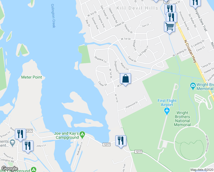 map of restaurants, bars, coffee shops, grocery stores, and more near 807 Cedar Drive in Kill Devil Hills