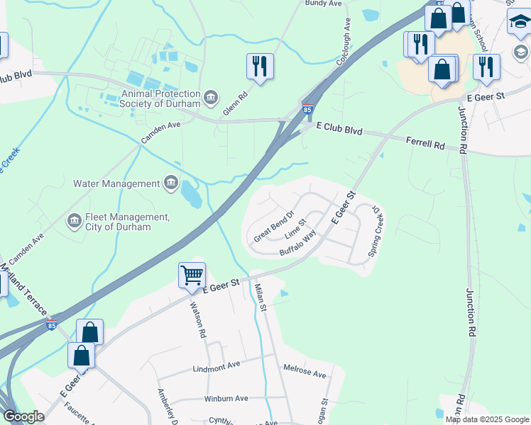 map of restaurants, bars, coffee shops, grocery stores, and more near 1908 Buffalo Way in Durham