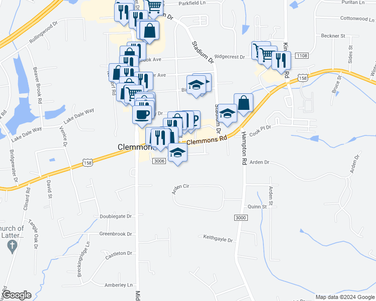 map of restaurants, bars, coffee shops, grocery stores, and more near 3550 Spangenberg Avenue in Clemmons