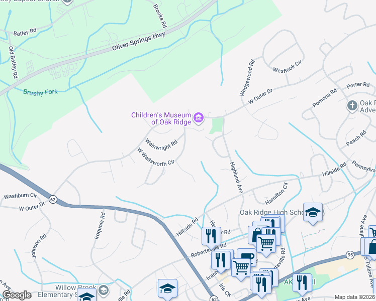 map of restaurants, bars, coffee shops, grocery stores, and more near 131 East Wadsworth Circle in Oak Ridge