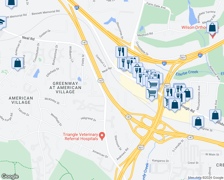 map of restaurants, bars, coffee shops, grocery stores, and more near 198 Bridgefield Place in Durham