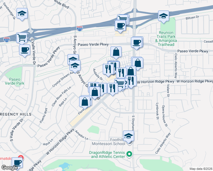 map of restaurants, bars, coffee shops, grocery stores, and more near 192 Oella Ridge Court in Henderson