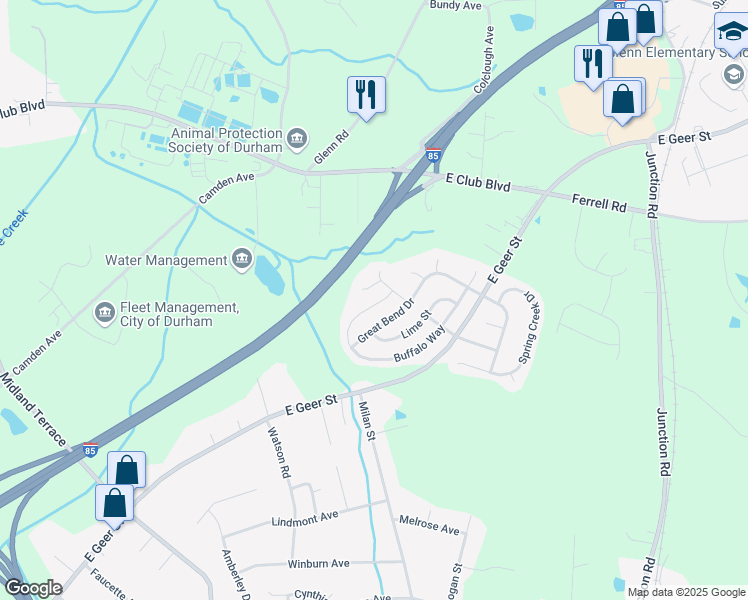 map of restaurants, bars, coffee shops, grocery stores, and more near 1914 Buffalo Way in Durham