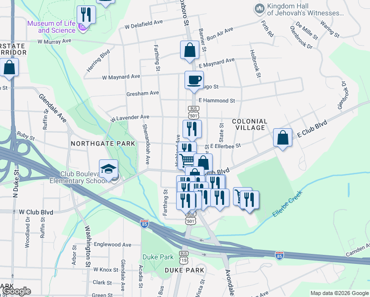 map of restaurants, bars, coffee shops, grocery stores, and more near 2420 Highland Avenue in Durham