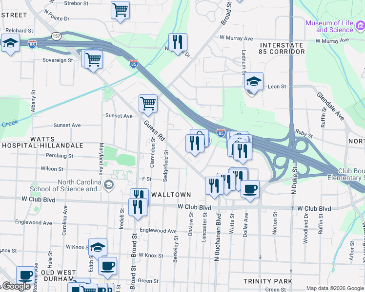 map of restaurants, bars, coffee shops, grocery stores, and more near 1407 Berkeley Street in Durham