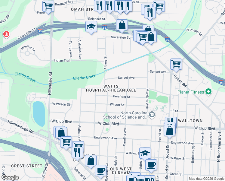 map of restaurants, bars, coffee shops, grocery stores, and more near 2118 Pershing Street in Durham