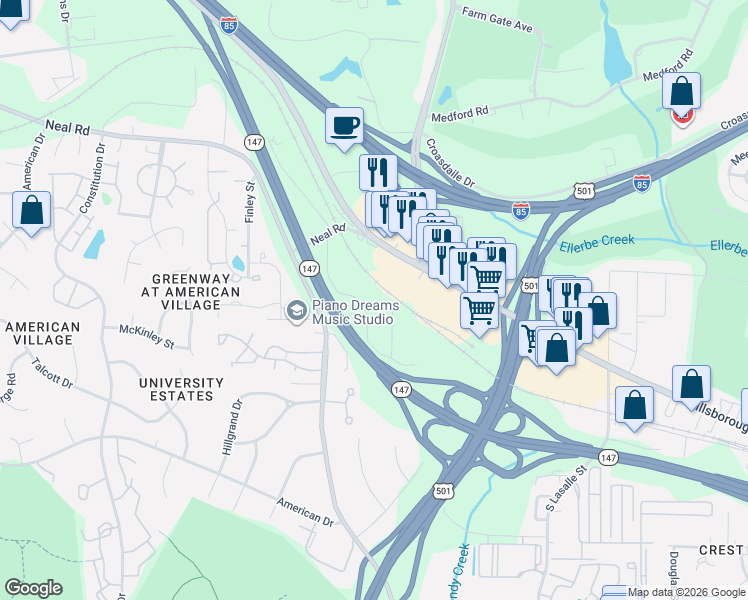 map of restaurants, bars, coffee shops, grocery stores, and more near 221 Bridgefield Place in Durham