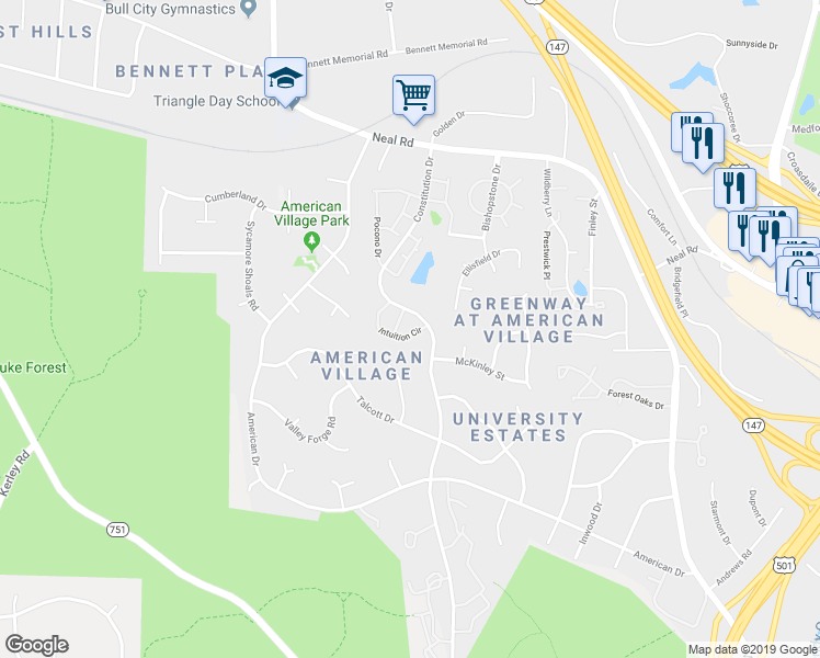 map of restaurants, bars, coffee shops, grocery stores, and more near 90 Intuition Circle in Durham