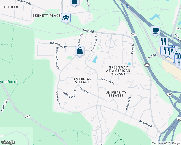 map of restaurants, bars, coffee shops, grocery stores, and more near 44 Intuition Circle in Durham