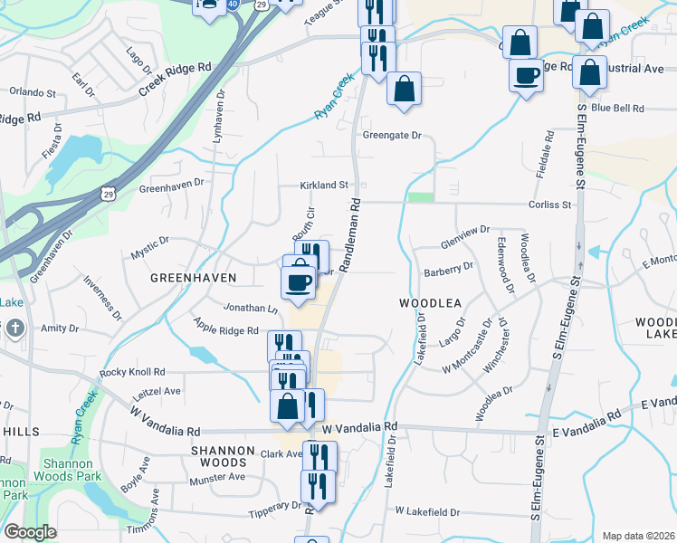 map of restaurants, bars, coffee shops, grocery stores, and more near 319 Idolbrook Drive in Greensboro