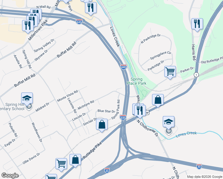 map of restaurants, bars, coffee shops, grocery stores, and more near 5233 McIntyre Road in Knoxville