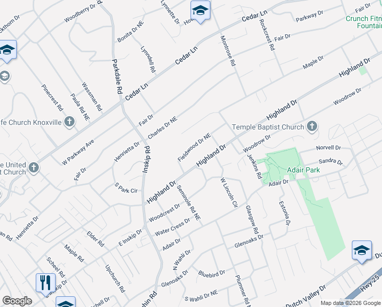 map of restaurants, bars, coffee shops, grocery stores, and more near 1312 Fieldwood Drive Northeast in Knoxville