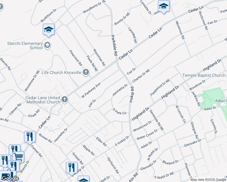 map of restaurants, bars, coffee shops, grocery stores, and more near 1104 Henrietta Drive in Knoxville
