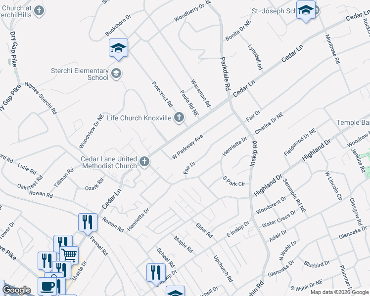 map of restaurants, bars, coffee shops, grocery stores, and more near 1016 West Parkway Avenue in Knoxville