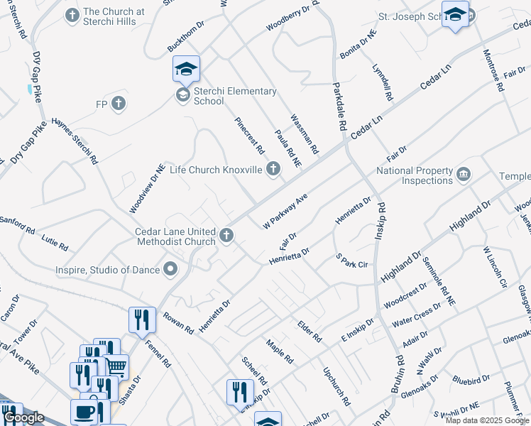 map of restaurants, bars, coffee shops, grocery stores, and more near 911 West Parkway Avenue in Knoxville