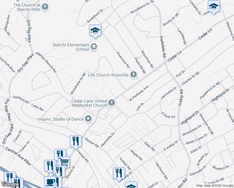 map of restaurants, bars, coffee shops, grocery stores, and more near 808 Cedar Lane in Knoxville