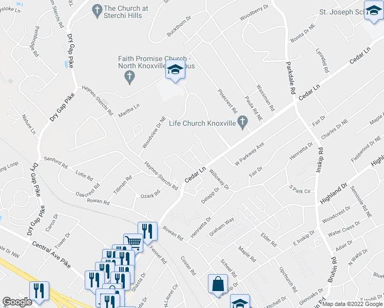 map of restaurants, bars, coffee shops, grocery stores, and more near 715 Cedar Lane in Knoxville