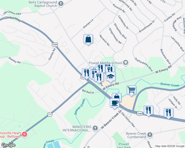 map of restaurants, bars, coffee shops, grocery stores, and more near 7600 Clinton Highway in Powell