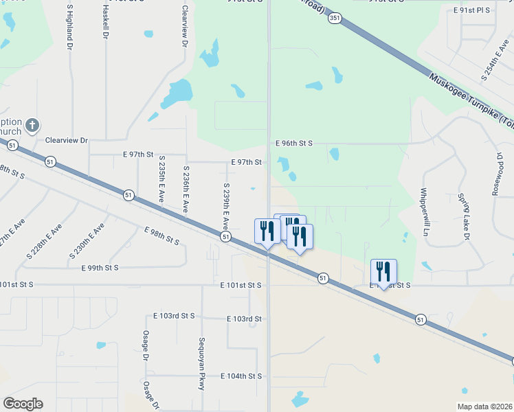 map of restaurants, bars, coffee shops, grocery stores, and more near 9812 South 241st East Avenue in Broken Arrow