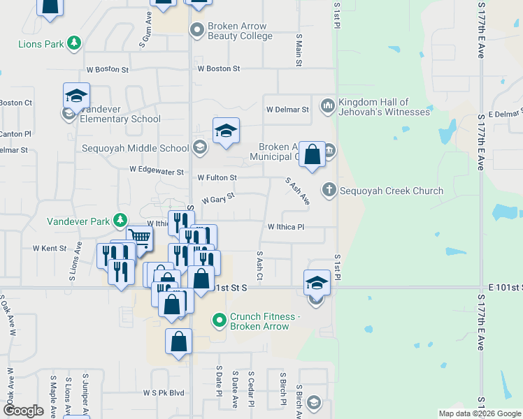 map of restaurants, bars, coffee shops, grocery stores, and more near 3024 South Ash Court in Broken Arrow