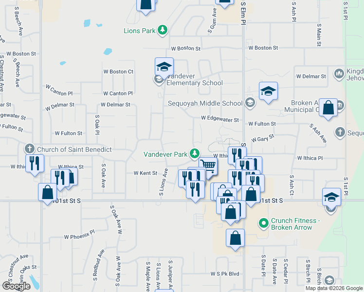 map of restaurants, bars, coffee shops, grocery stores, and more near 1208 West Honolulu Street in Broken Arrow