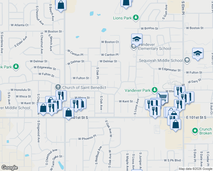 map of restaurants, bars, coffee shops, grocery stores, and more near 1607 West Gary Street in Broken Arrow