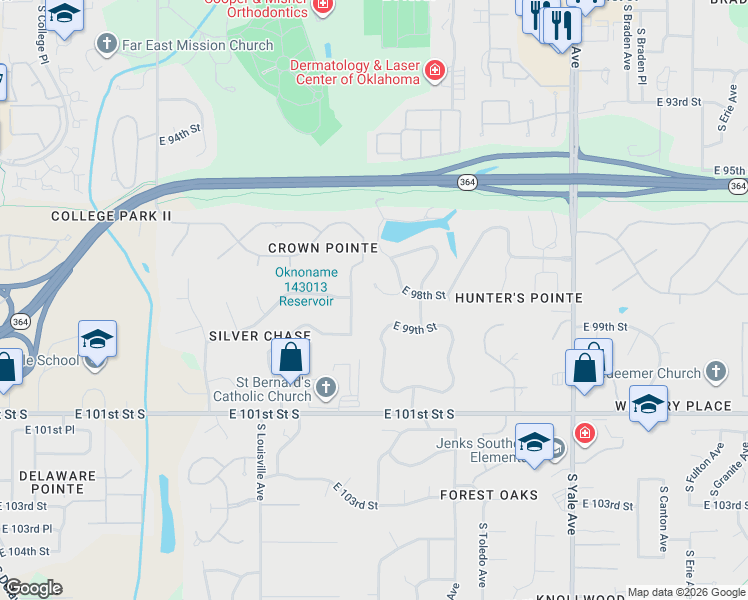 map of restaurants, bars, coffee shops, grocery stores, and more near 9817 South Oswego Avenue in Tulsa