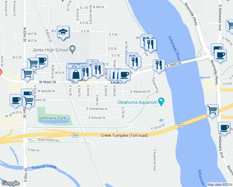 map of restaurants, bars, coffee shops, grocery stores, and more near 615 East Beaver Street in Jenks