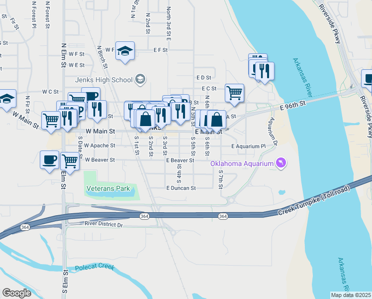 map of restaurants, bars, coffee shops, grocery stores, and more near 408 East Apache Street in Jenks