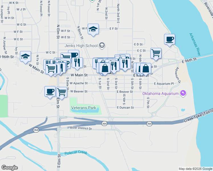 map of restaurants, bars, coffee shops, grocery stores, and more near 222 South 2nd Street in Jenks