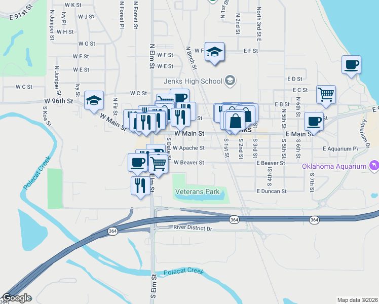 map of restaurants, bars, coffee shops, grocery stores, and more near 324 West Aquarium Place in Jenks