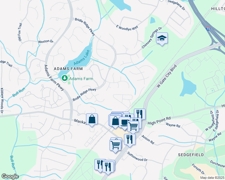 map of restaurants, bars, coffee shops, grocery stores, and more near 6 Flint Ridge Ct in Greensboro