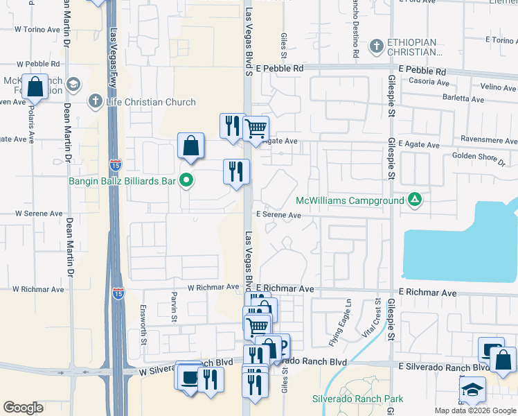 map of restaurants, bars, coffee shops, grocery stores, and more near 20 East Serene Avenue in Las Vegas