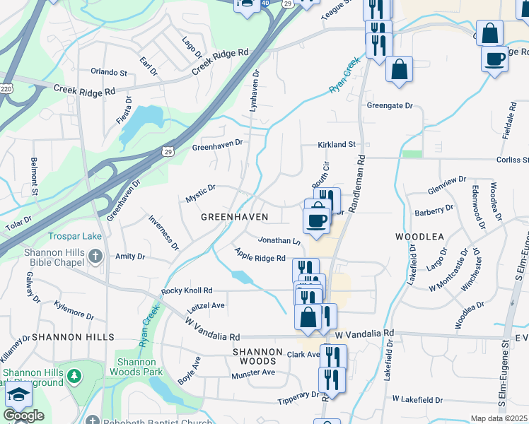 map of restaurants, bars, coffee shops, grocery stores, and more near 641 Mystic Drive in Greensboro