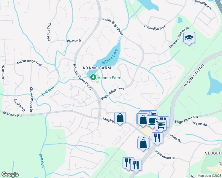 map of restaurants, bars, coffee shops, grocery stores, and more near 11 Downing Ridge Court in Greensboro