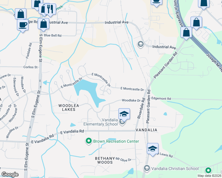 map of restaurants, bars, coffee shops, grocery stores, and more near 16 Grassy Knoll Circle in Greensboro