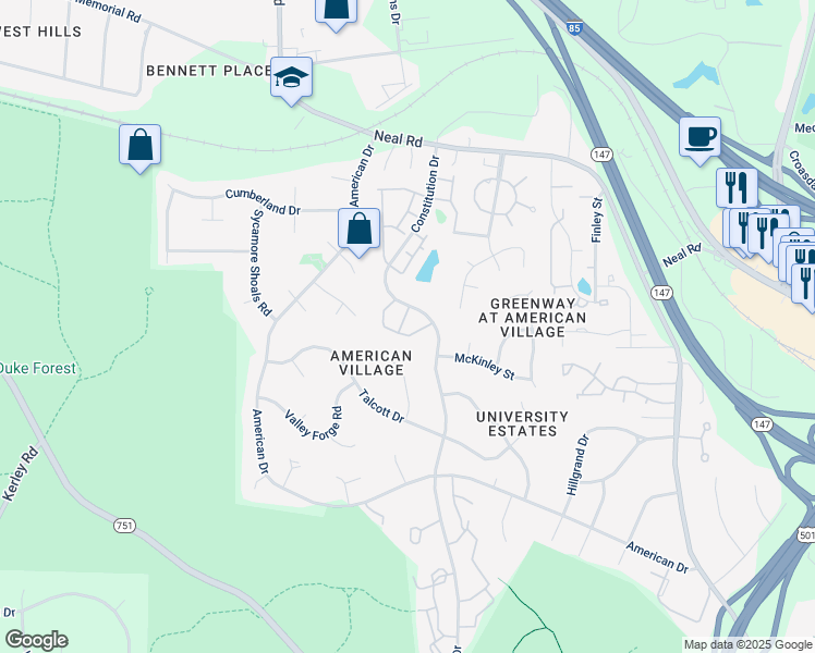 map of restaurants, bars, coffee shops, grocery stores, and more near 13 Pilatus Drive in Durham