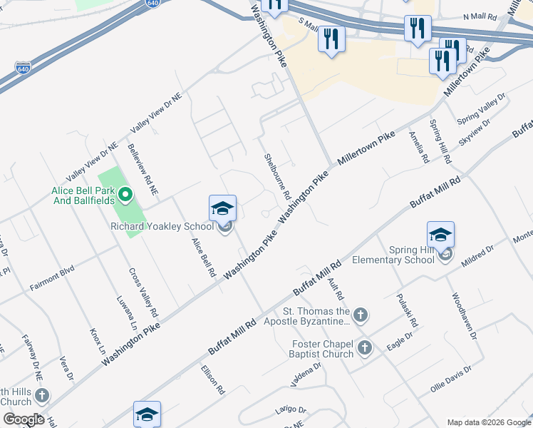 map of restaurants, bars, coffee shops, grocery stores, and more near 4400 Maud Booth Way in Knoxville