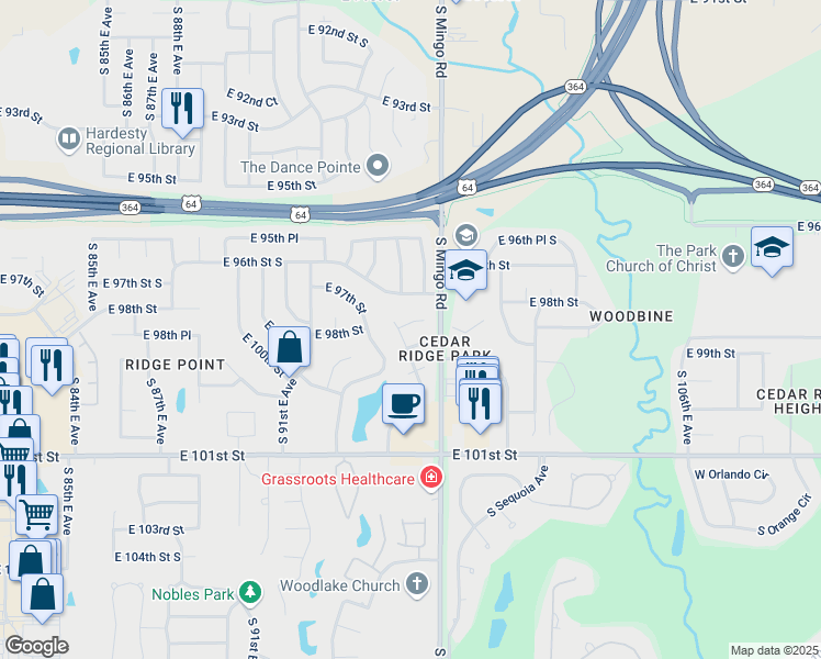 map of restaurants, bars, coffee shops, grocery stores, and more near 9510 East 98th Street in Tulsa