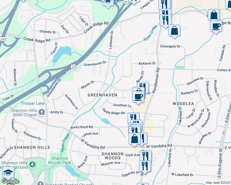 map of restaurants, bars, coffee shops, grocery stores, and more near 641 Mystic Drive in Greensboro