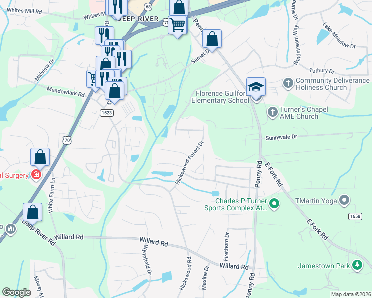 map of restaurants, bars, coffee shops, grocery stores, and more near 3624 Hickswood Forest Drive in High Point