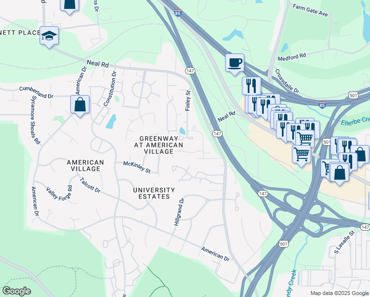 map of restaurants, bars, coffee shops, grocery stores, and more near 53 Galway Glenn Ln in Durham