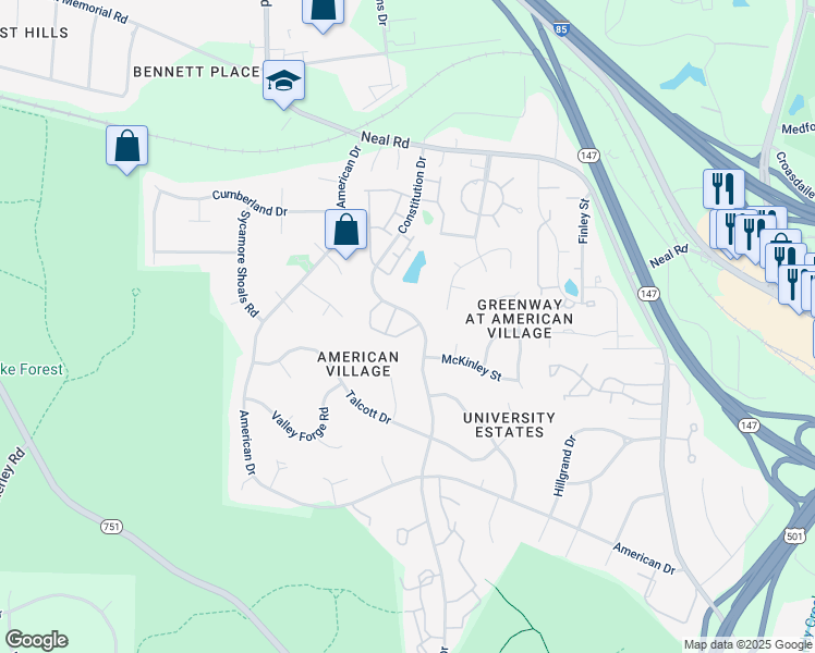 map of restaurants, bars, coffee shops, grocery stores, and more near 87 Intuition Circle in Durham