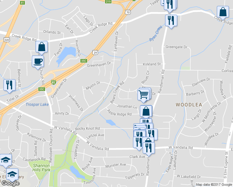 map of restaurants, bars, coffee shops, grocery stores, and more near 689 Mystic Drive in Greensboro