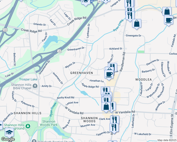 map of restaurants, bars, coffee shops, grocery stores, and more near 689 Mystic Drive in Greensboro