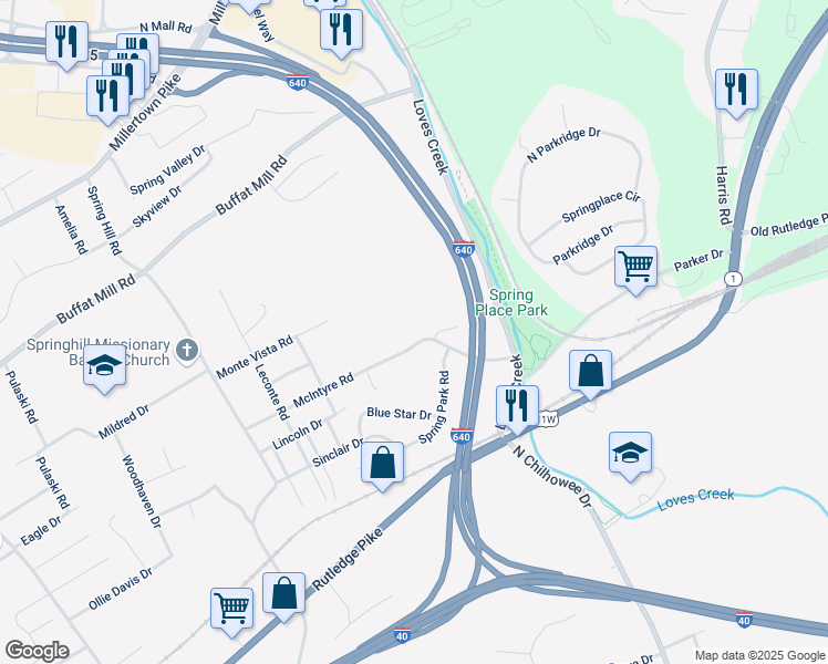 map of restaurants, bars, coffee shops, grocery stores, and more near 5233 McIntyre Road in Knoxville