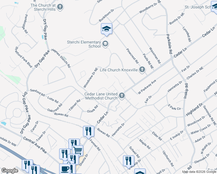 map of restaurants, bars, coffee shops, grocery stores, and more near 715 Cedar Lane in Knoxville