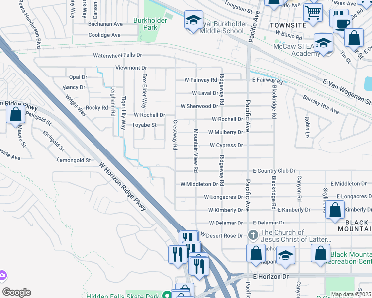 map of restaurants, bars, coffee shops, grocery stores, and more near 261 West Cypress Drive in Henderson