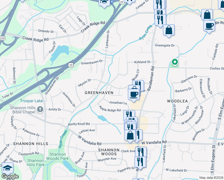 map of restaurants, bars, coffee shops, grocery stores, and more near 617 Mystic Drive in Greensboro